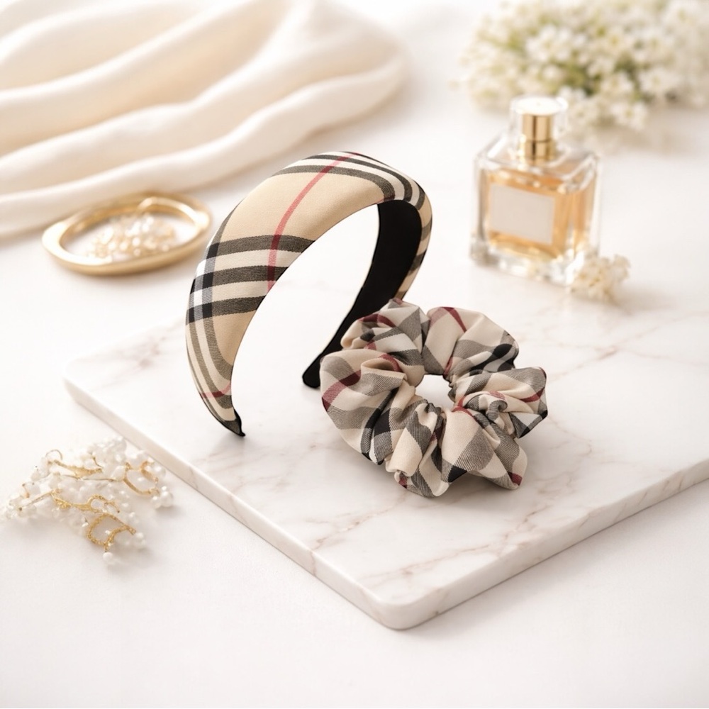 Luxury Plaid Padded Headband & Matching Oversized Scrunchie Set NEW